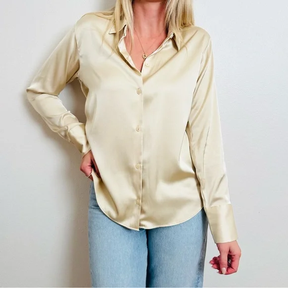 New Abercrombie & Fitch Cream Satin Elegant Long Sleeve Button Down Shirt - Picture 9 of 15
